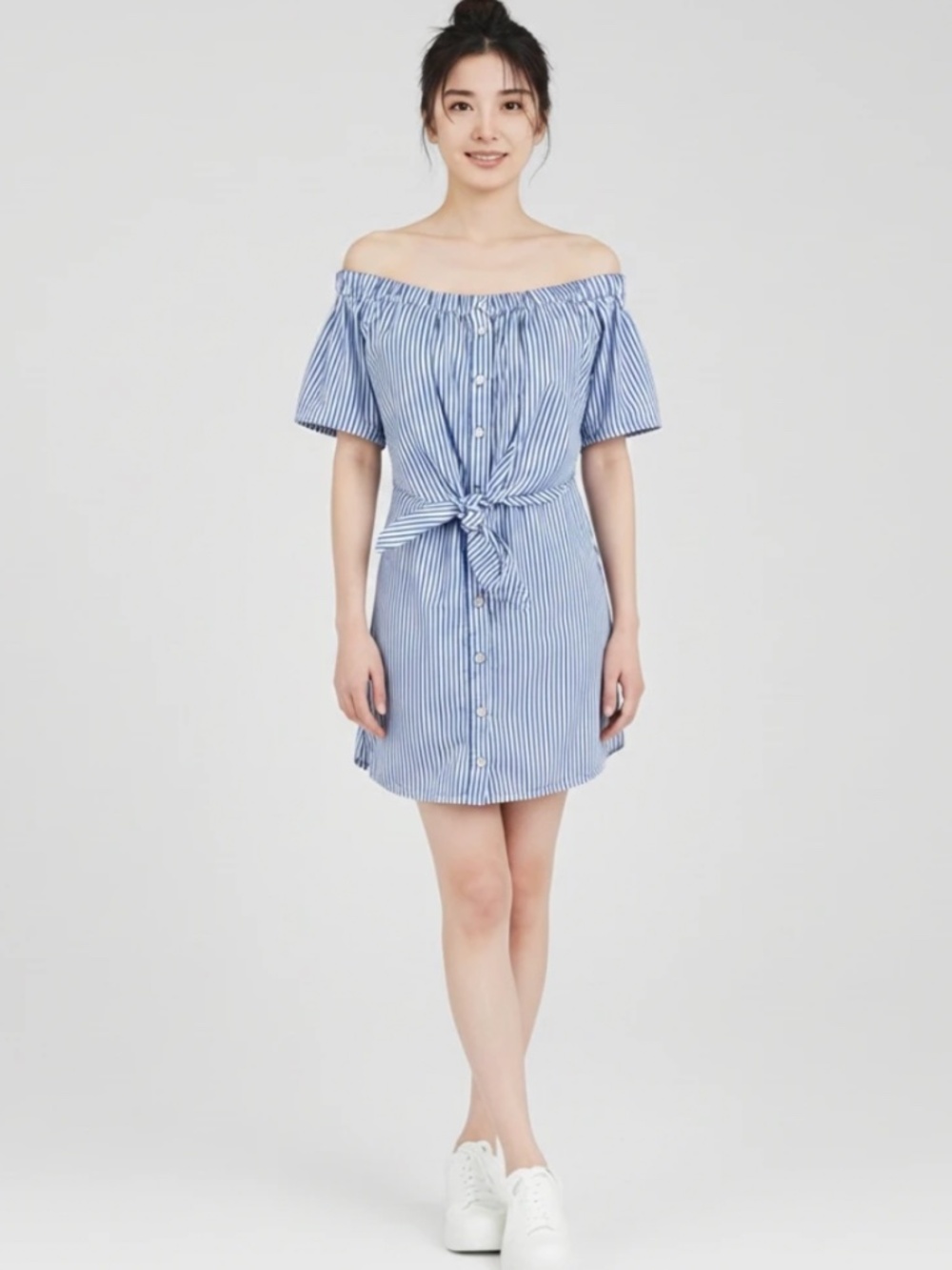 Derek Heart Blue White Off Shoulder Striped Front Knot Back Cutout Dress Size S